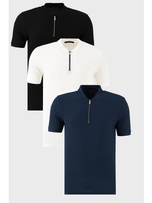Buratti Pamuklu Regular Fit Yarım Fermuarlı Kolej Yaka 3'lü Paket T Shirt Erkek T Shirt 5902653S3