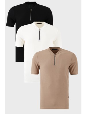 Buratti Pamuklu Regular Fit Yarım Fermuarlı Kolej Yaka 3'lü Paket T Shirt Erkek T Shirt 5902653S3