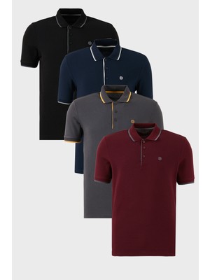 Buratti Pamuklu Slim Fit Şerit Detaylı Düğmeli Polo Yaka 4'lü Paket T Shirt Erkek T Shirt 5902118S4