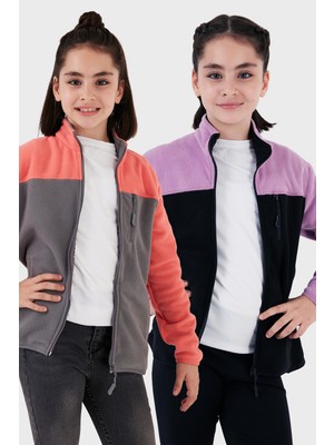 Lela Yumuşak Dokulu Fermuarlı Renk Bloklu Dik Yaka Cepli 2'li Paket Hırka Polar Çocuk POLAR 5905001S2