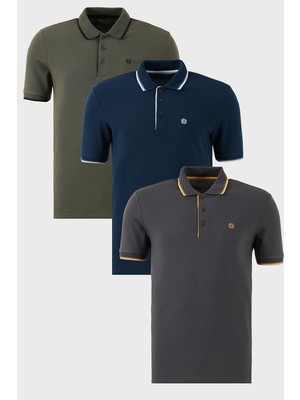 Buratti Pamuklu Slim Fit Şerit Detaylı Düğmeli Polo Yaka 3'lü T Shirt Erkek T Shirt 5902118S3