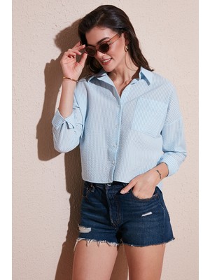 Lela Regular Fit Çizgili Göğüs Cepli Dokulu Gömlek Bayan Gömlek 6772870