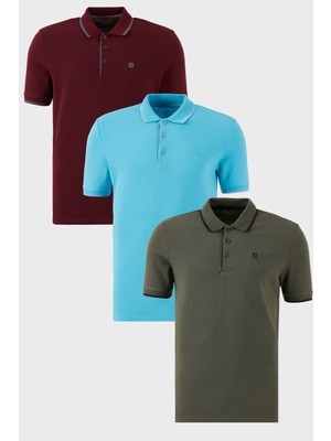 Buratti  Pamuklu Slim Fit Şerit Detaylı Düğmeli Polo Yaka 3'lü Paket T Shirt Erkek T Shirt 5902118S3