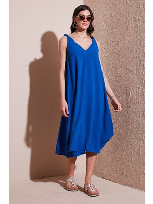 Lela Oversize Fit V Yaka Midi Boy Basic Elbise Bayan Elbise 6788688