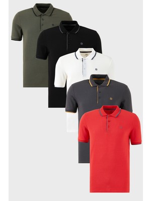 Buratti  Pamuklu Slim Fit Şerit Detaylı Düğmeli Polo Yaka 5'li Paket T Shirt Erkek T Shirt 5902118S5