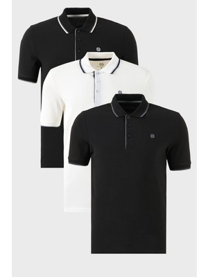 Buratti Pamuklu Slim Fit Şerit Detaylı Düğmeli Polo Yaka 3'lü Paket T Shirt Erkek T Shirt 5902118S3