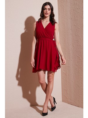 Lela Regular Fit Kruvaze Yaka Bağlama Detaylı Şifon Mini Boy Abiye Elbise Bayan ELBİSE 6789075