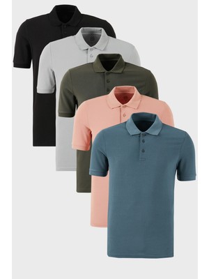 Buratti Pamuklu Regular Fit Düğmeli Polo Yaka 5'li Paket T Shirt Erkek T Shirt 5902127S5