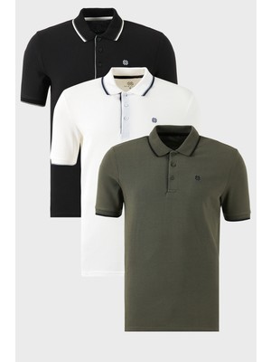 Buratti Pamuklu Slim Fit Şerit Detaylı Düğmeli Polo Yaka 3'lü Paket T Shirt Erkek T Shirt 5902118S3