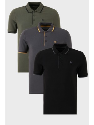 Buratti Pamuklu Slim Fit Şerit Detaylı Düğmeli Polo Yaka 3'lü Paket T Shirt Erkek T Shirt 5902118S3