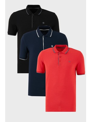 Buratti Pamuklu Slim Fit Şerit Detaylı Düğmeli Polo Yaka 3'lü Paket T Shirt Erkek T Shirt 5902118S3