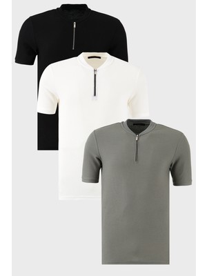 Buratti Pamuklu Regular Fit Yarım Fermuarlı Kolej Yaka 3'lü Paket T Shirt Erkek T Shirt 5902653S3