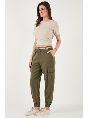 Lela Pamuklu Standart Fit Normal Bel Lastikli Paça Kemerli Jogger Pantolon Bayan Pantolon 668YP5045