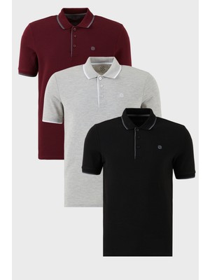 Buratti Pamuklu Slim Fit Şerit Detaylı Düğmeli Polo Yaka 3'lü Paket T Shirt Erkek T Shirt 5902118S3