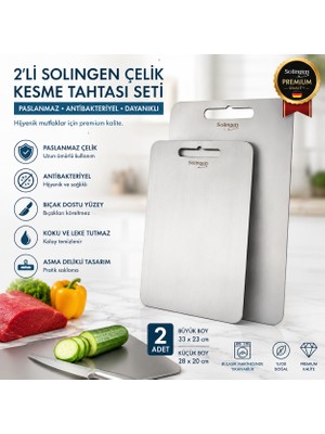 Solingen Paslanmaz Çelik 2'li Set Kesme Tahtası | Kalın Dayanıklı Mutfak Doğrama Tahtası