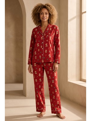 Katia & Bony Kadın Teddy Desenli Yılbaşı Temalı Pijama Takımı Kırmızı