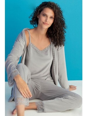 Pemilo Kadın 13402-1 Dantelli Sabahlık Kadife Pijama Takım