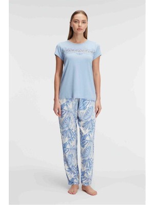 Cotton Soft Arias Closet Kısa Kol Bisiklet Yaka Kadın Viskon Çiçek Desenli Yazlık Örme Dantel Detaylı Pijama Takımı