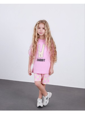 Cg Kids Rabbit Tavşan Baskılı Tshirt & Damalı Şort Pembe Alt Üst Takım Süper Kalite