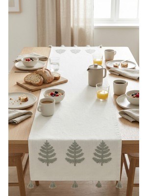 Dokuvia Hayat Ağacı Nakışlı Püsküllü Buldan Işi Pamuk Runner Masa Örtüsü 40X130 cm