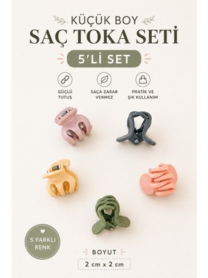 Tupek Store 5'li Küçük Boy Mandal Saç Tokası Seti – Mini Pens Toka – 5 Farklı Renk – 2x2 cm