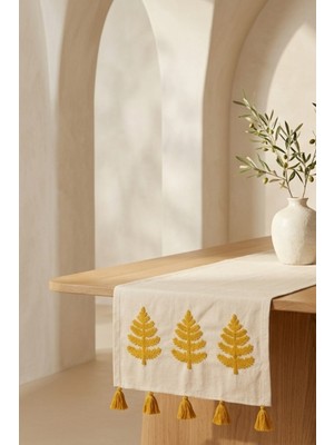 Dokuvia Hayat Ağacı Nakışlı Püsküllü Buldan Işi Pamuk Runner Masa Örtüsü 40X130 cm