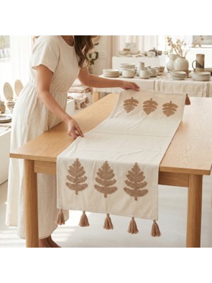 Dokuvia Hayat Ağacı Nakışlı Püsküllü Buldan Işi Pamuk Runner Masa Örtüsü 40X130 cm
