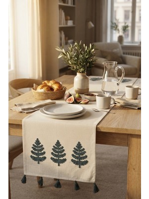 Dokuvia Hayat Ağacı Nakışlı Püsküllü Buldan Işi Pamuk Runner Masa Örtüsü 40X130 cm