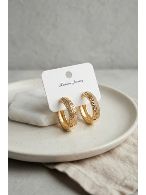 Zenviaa Gold Renk Zirkon Taşlı ve Geometrik Motifli Pirinç Halka Kadın Küpe TJ-BKP12146 Zenviaa