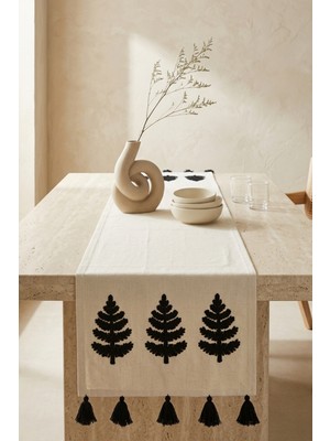 Dokuvia Hayat Ağacı Nakışlı Püsküllü Buldan Işi Pamuk Runner Masa Örtüsü 40X130 cm