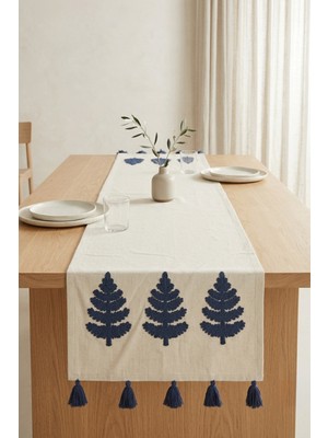 Dokuvia Hayat Ağacı Nakışlı Püsküllü Buldan Işi Pamuk Runner Masa Örtüsü 40X130 cm