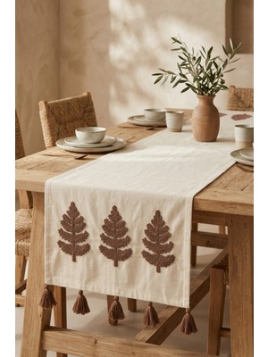 Dokuvia Hayat Ağacı Nakışlı Püsküllü Buldan Işi Pamuk Runner Masa Örtüsü 40X130 cm