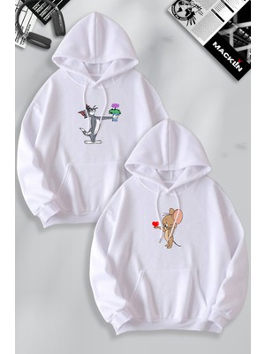 Macklin Sevgili Çift Kombin Çiçekli Tom ve Jerry Baskılı Özel Tasarım Kapüşonlu Sweatshirt 2li Set Takım