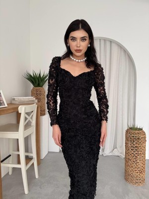 Moda Days Kadın Siyah Midi Elbise 3 Boyutlu Çiçek Aplikeli Uzun Kollu Dar Kesim