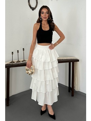 Moda Days Kadın Beyaz Etek Kat Kat Volanlı Lastikli Bel Maxi Dokuma Yazlık Etek