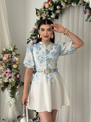 Moda Days Kadın Çi̇çek Desen Mavi̇ Mini Elbise Çiçek Desenli Kemer Detaylı Balon Kollu Keten