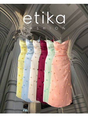 Moda Days Kadın Bordo Midi Elbise Askılı Degaje Yaka Çiçek Aplikeli Saten