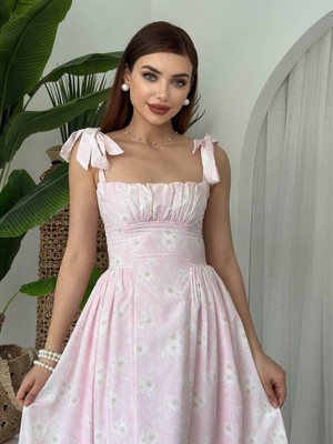 Moda Days Kadın Pembe Omuz Bağlamalı Çiçek Desenli Kare Yaka Midi Elbise