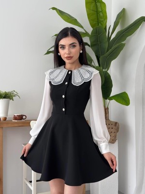 Moda Days Kadın Siyah Mini Elbise Bebe Yaka Dantel Detaylı Uzun Kollu Kloş