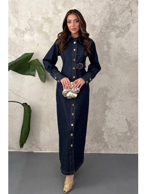 Moda Days Kadın Mavi Denim Gömlek Elbise Düğmeli D Tokalı Kemerli Uzun Kollu Maxi