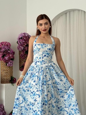 Moda Days Kadın Mavi̇ Çiçek Desenli Halter Yaka Büzgülü Bel Midi Elbise