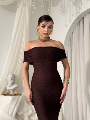 Moda Days Kadın Kahve Elbise Straplez Dantel Detaylı Düşük Omuzlu Balık Kesim Midi