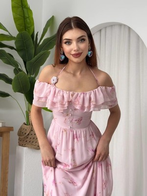 Moda Days Kadın Pembe Çi̇çekli̇ Çiçek Desenli Şifon Midi Elbise Fırfırlı Omuz Dekolteli Askılı