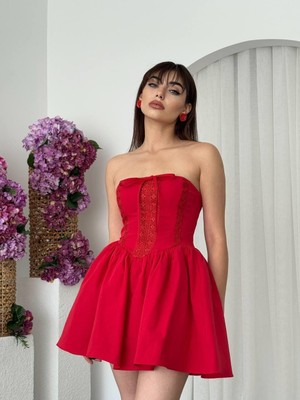 Moda Days Kadın Kirmizi Straplez Fiyonklu Dantel Detaylı Korse Görünümlü Mini Elbise