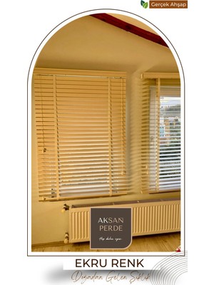 Aksan Grup %100 Gerçek Ahşap Jaluzi Perde Kurdeleli Ekru Renk 50 mm