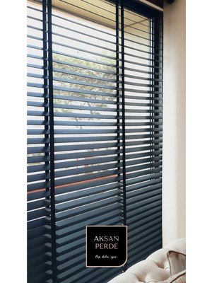 Aksan Grup %100 Gerçek Ahşap Jaluzi Perde Kurdeleli Siyah Renk 50 mm