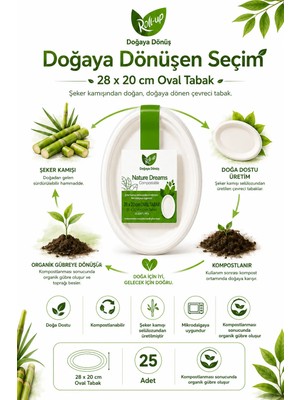 Roll-Up Doğa Dostu Kompostlanabilir Şeker Kamışı Oval Tek Kullanımlık Tabak 28 x 20 cm 25 Adet