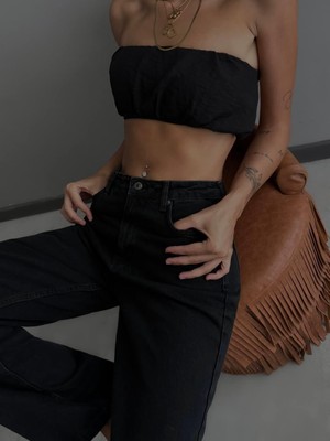 Moda Days Kadın Black Siyah Yüksek Bel Wide Leg Jeans Bol Paça Beş Cepli Uzun Denim Pantolon