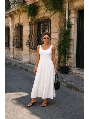 Moda Days Kadın Ekru Kolsuz Ribana U Yaka Belden Oturan Uzun Kloş Elbise