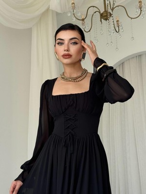 Moda Days Kadın Siyah Şifon Korsaj Bağlamalı Kare Yaka Uzun Kollu Uzun Elbise